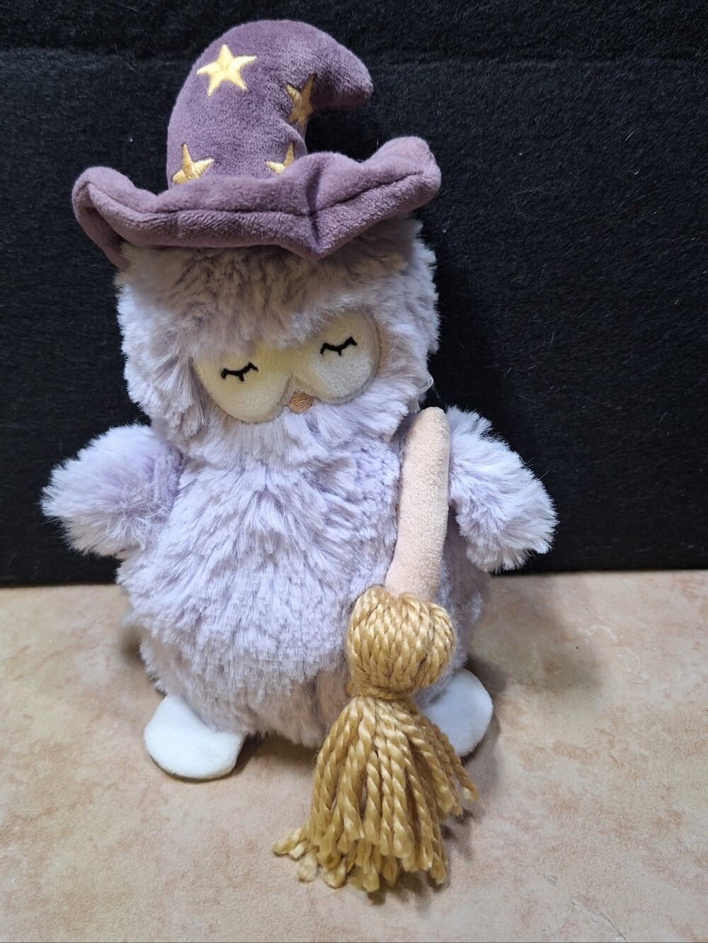 Slumberkins Purple Plush 8" Owl Witch Gold Stars On Hat Yarn Broom Velour Face